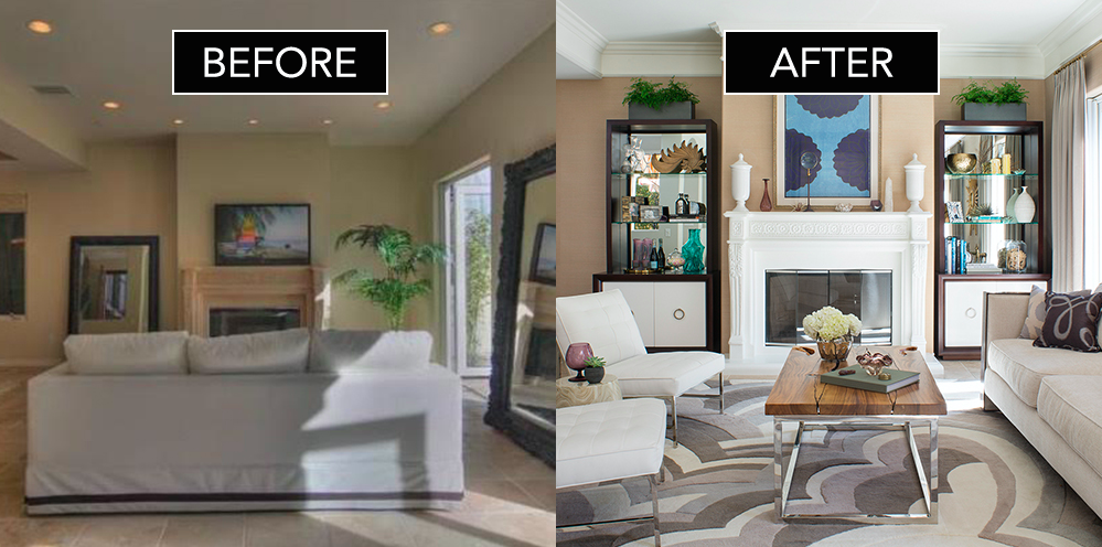 screen shot at pm A comparison of a living room before and after renovation.
