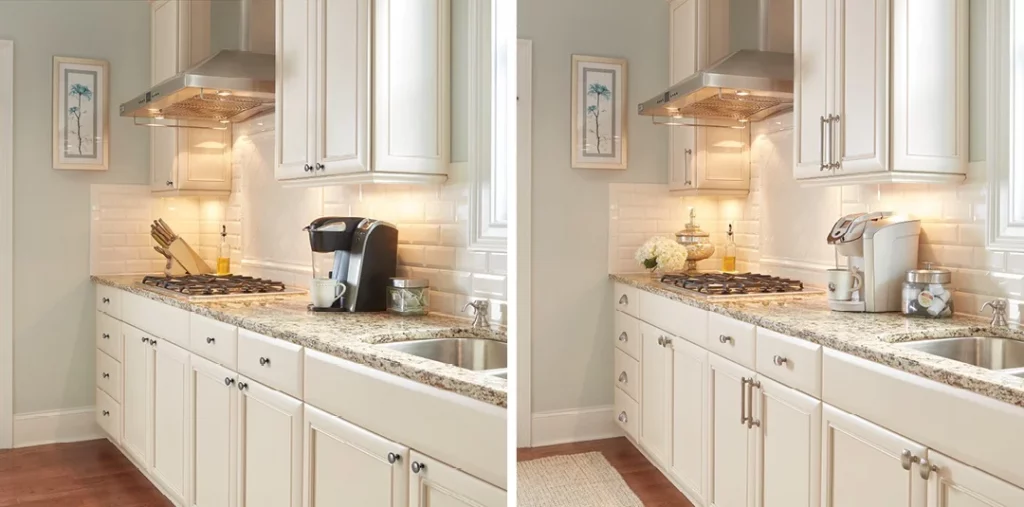 satin nickel bar pull knob amerock cabinet hardware sea grass kitchen before and after Two side-by-side images showcasing interior design tips.