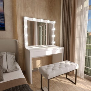 dressing table with makeup mirror and ottoman home makeup mirror d model max fbx A vanity table with a lit mirror in a cozy room.