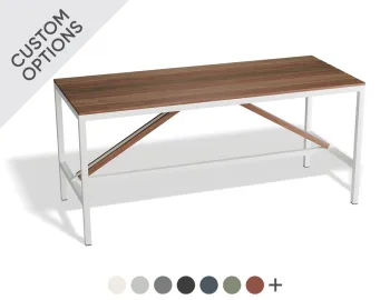 Cape High Bar Table with brown slats, a white braced frame and swatches showing custom colour options