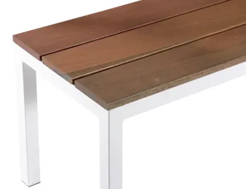 Close-up of the Cape Bench showing three brown seat slats meeting a square white corner frame