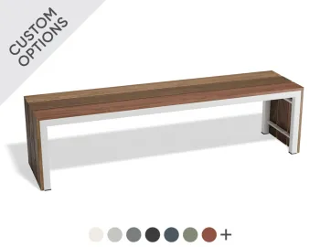 Cascade Bench with brown slats extending down both ends, a white frame and custom colour swatches