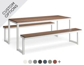 Integral Table and Bench Setting with brown slats, a white shared frame and swatches showing custom colour options