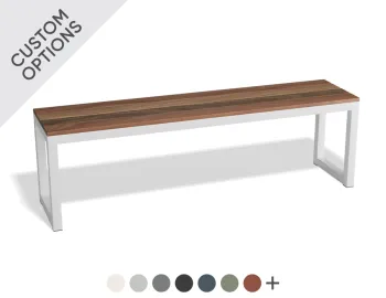 Lilico Bench with brown slats, white box end legs and swatches showing custom colour options