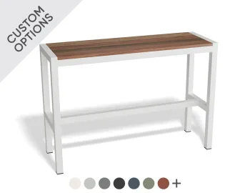 Moonah High Bar Bench with brown slats, a white frame and foot rail, alongside custom colour swatches