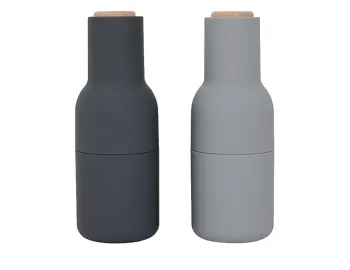 Cool grey Audo Bottle Grinder set with light and dark grey bodies and pale wooden lids