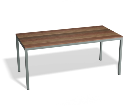 Cape Dining Table with a rectangular brown slatted top and grey frame, viewed at an angle