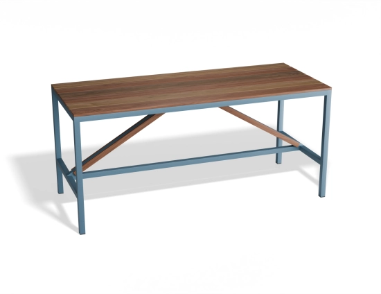 Cape High Bar Table with a brown slatted top, diagonal braces and a blue frame, viewed at an angle