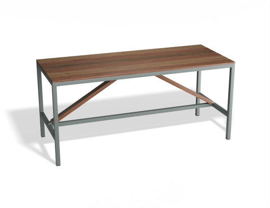 Cape High Bar Table with a brown slatted top, diagonal braces and a grey frame, viewed at an angle