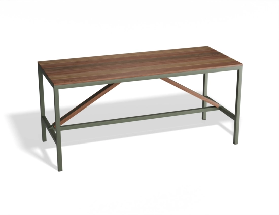 Cape High Bar Table with a brown slatted top, diagonal braces and a pale green frame, viewed at an angle