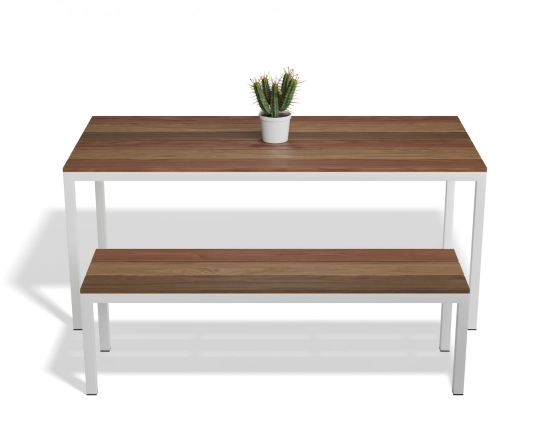 Cape Dining Table with brown slats and a white frame, paired with a matching bench and potted cactus