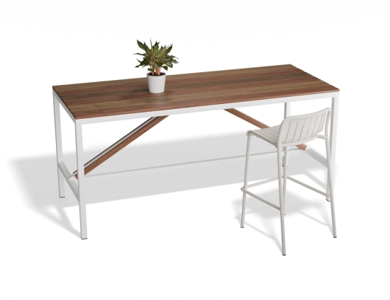 Angled view of the white Cape High Bar Table with a brown slatted top, potted plant and white bar stool