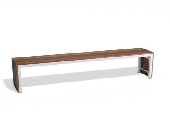 Extra-long Cascade Bench with brown slats extending down both ends and a white supporting frame