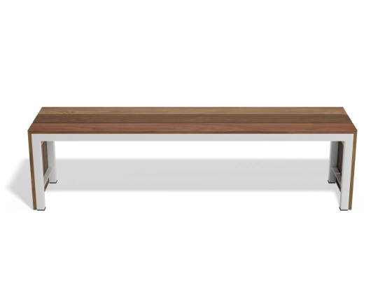 Front view of the Cascade Bench with brown waterfall ends and a white supporting frame