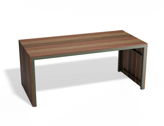 Cascade Dining Table with brown slats extending down both ends and a pale green supporting frame