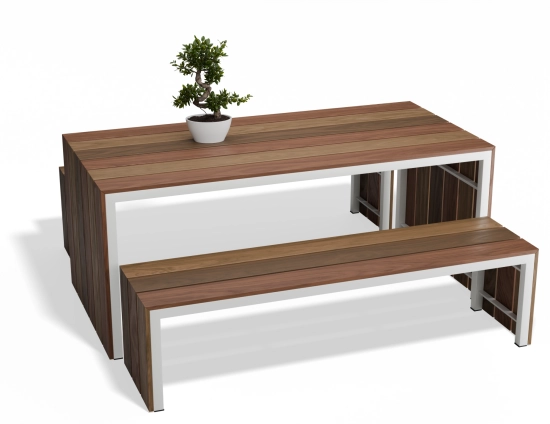 Cascade Dining Table and benches with brown waterfall ends, white frames and a potted plant, viewed at an angle
