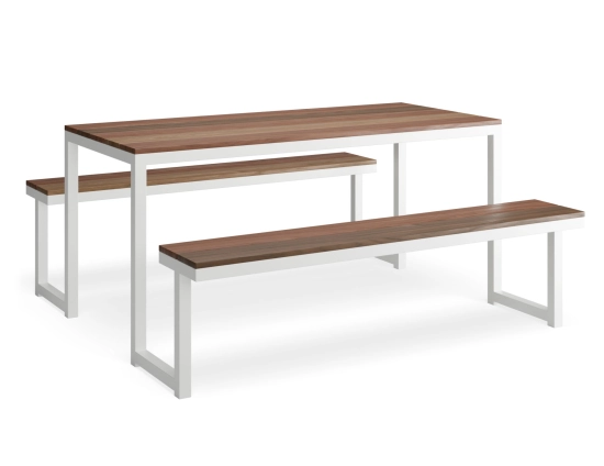 Compact Integral Table and Bench Setting with brown slatted surfaces and a shared white frame