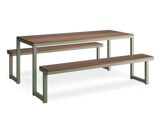 Integral Table and Bench Setting with brown slatted surfaces and a pale green shared frame, viewed at an angle