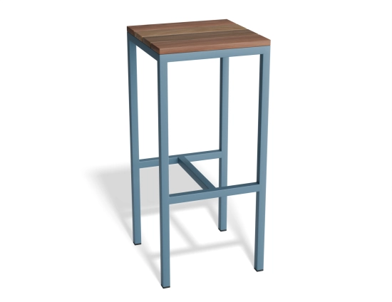 Kyenne Counter Stool with a square brown slatted seat and a blue frame, viewed at an angle