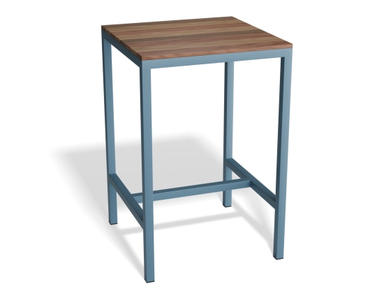 Kyenne High Bar Table with a square brown slatted top and a blue frame, viewed at an angle