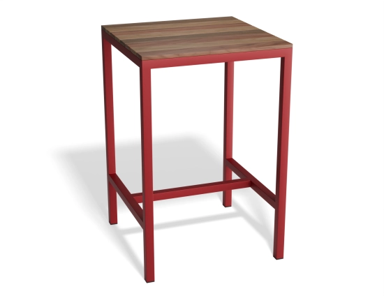 Kyenne High Bar Table with a square brown slatted top and a red frame, viewed at an angle