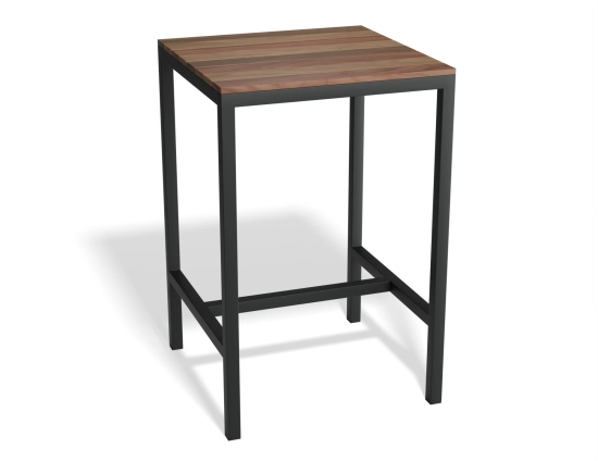 Kyenne High Bar Table with a square brown slatted top and a charcoal frame, viewed at an angle
