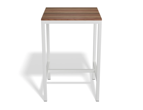 Front view of the Kyenne High Bar Table with a square brown slatted top, white frame and lower foot rail