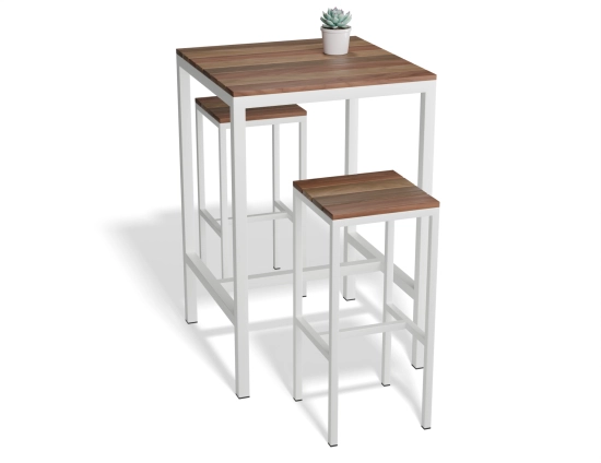 Angled view of the Kyenne High Bar Table with brown slats, white frame, two matching stools and a succulent