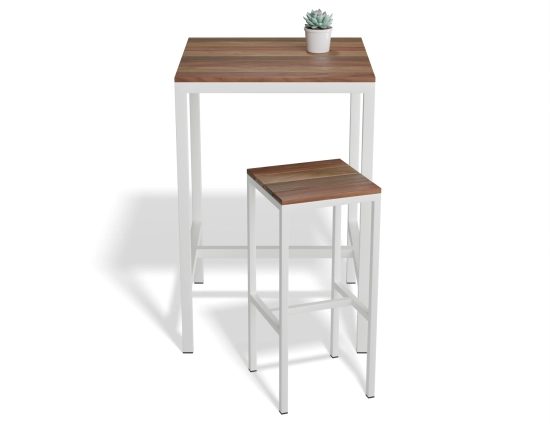 Front view of the Kyenne High Bar Table with brown slats, a white frame, matching stool and potted succulent