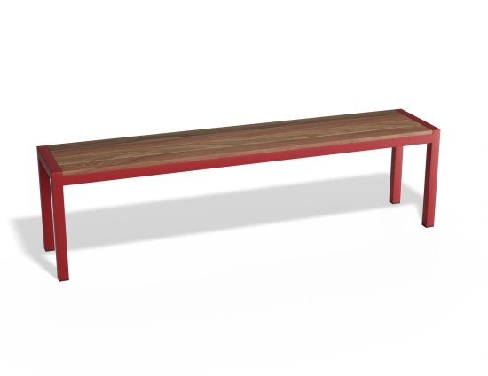 Moonah Bench with brown inset seat slats and a red frame, viewed at an angle