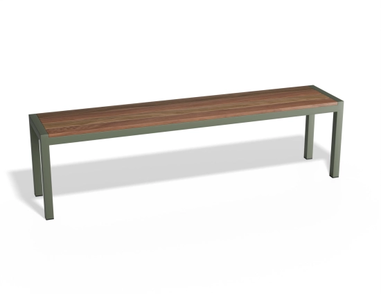Moonah Bench with brown inset seat slats and a pale green frame, viewed at an angle