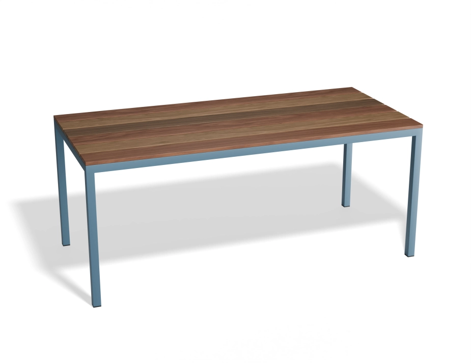 Cape Dining Table with a rectangular brown slatted top and blue frame, viewed at an angle