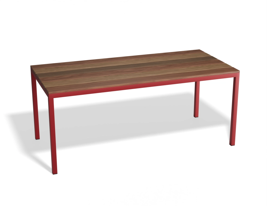 Cape Dining Table with a rectangular brown slatted top and red frame, viewed at an angle