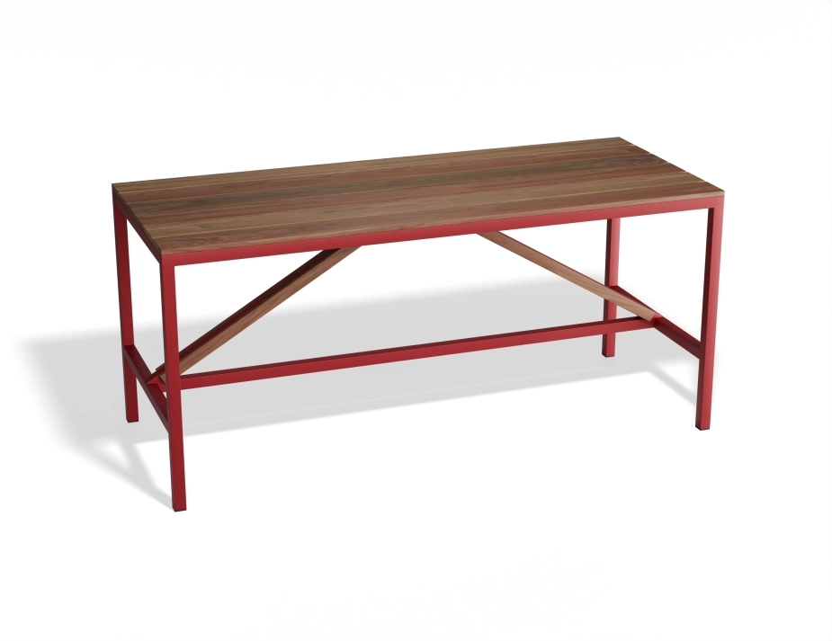 Cape High Bar Table with a brown slatted top, diagonal braces and a red frame, viewed at an angle