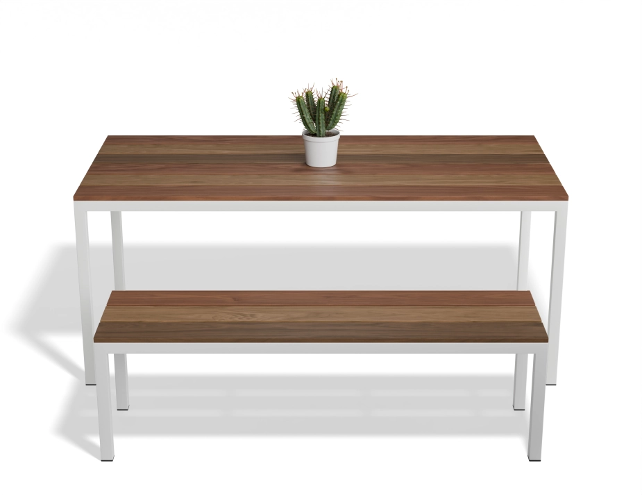 Cape Dining Table with brown slats and a white frame, paired with a matching bench and potted cactus
