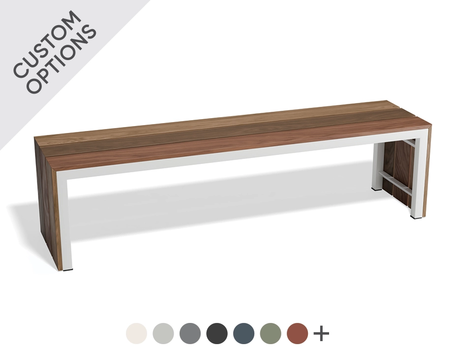 Cascade Bench with brown slats extending down both ends, a white frame and custom colour swatches