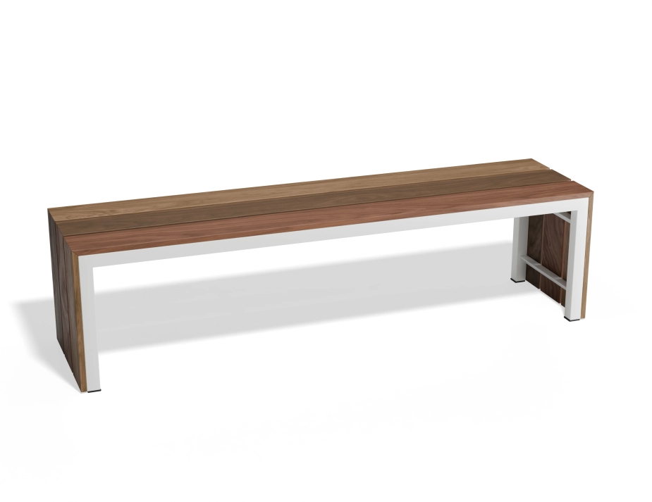 Cascade Bench with brown slats extending down both ends and a white supporting frame