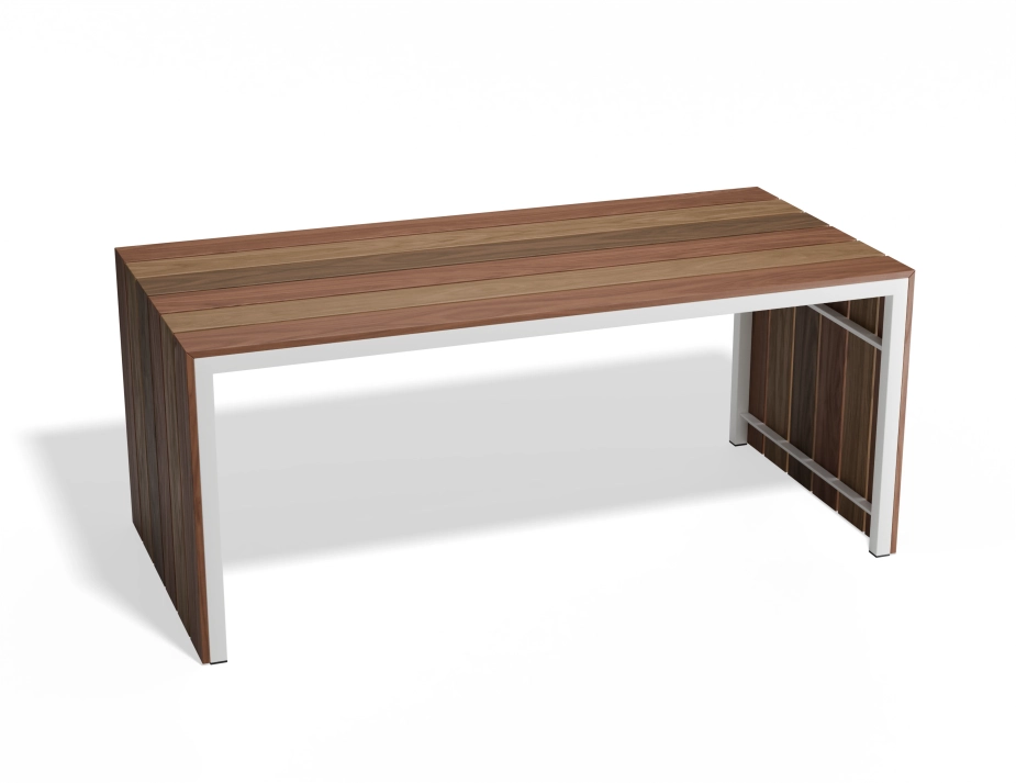 Cascade Dining Table with brown slats extending down both ends and a white supporting frame