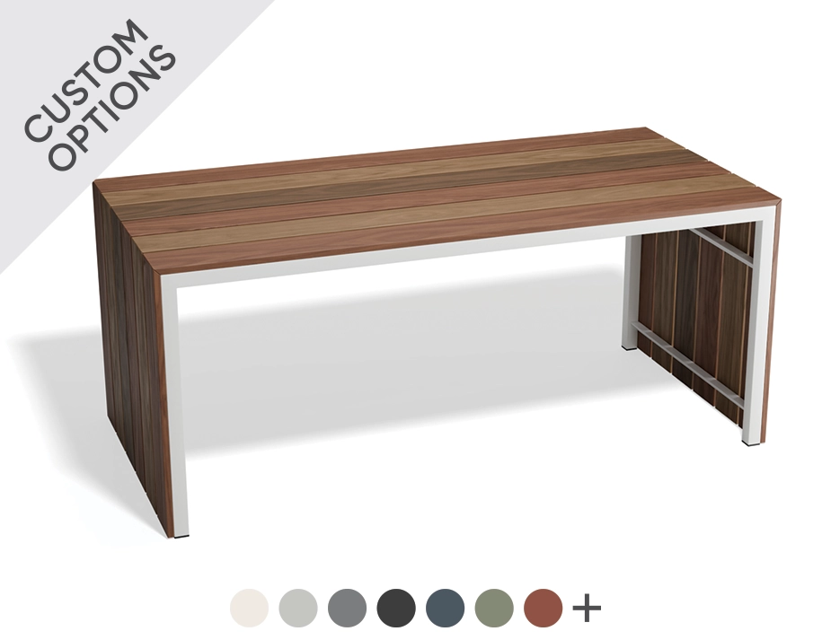 Cascade Dining Table with brown slats extending down both ends, a white frame and custom colour swatches