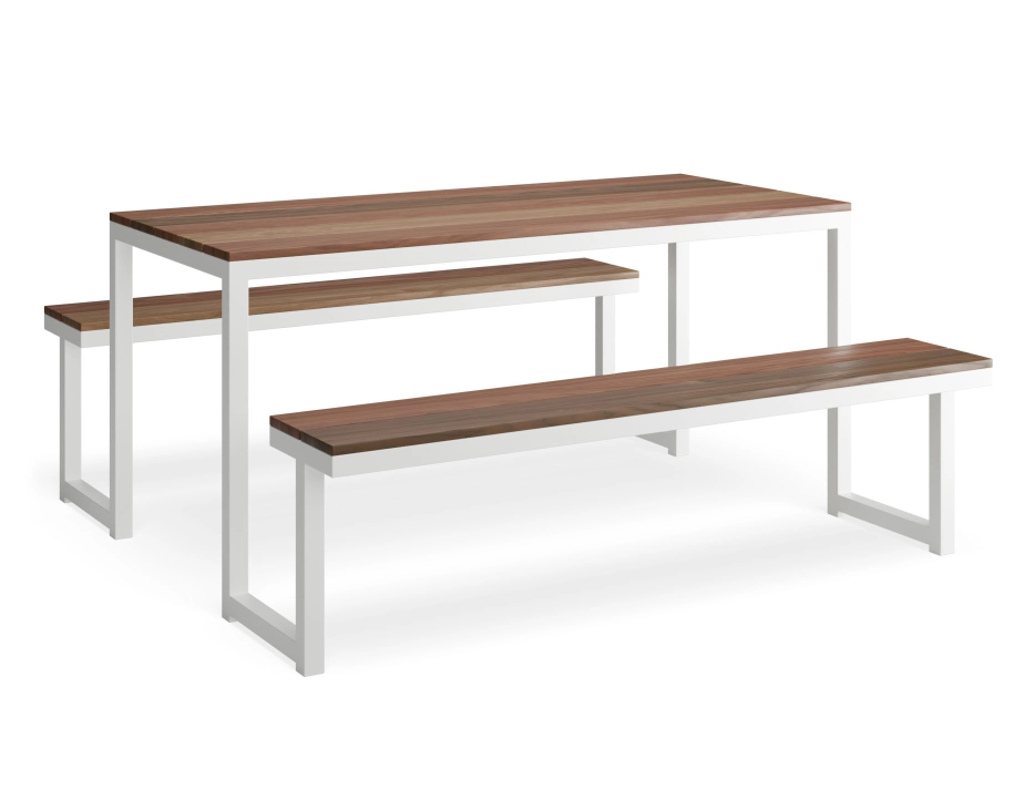 Compact Integral Table and Bench Setting with brown slatted surfaces and a shared white frame