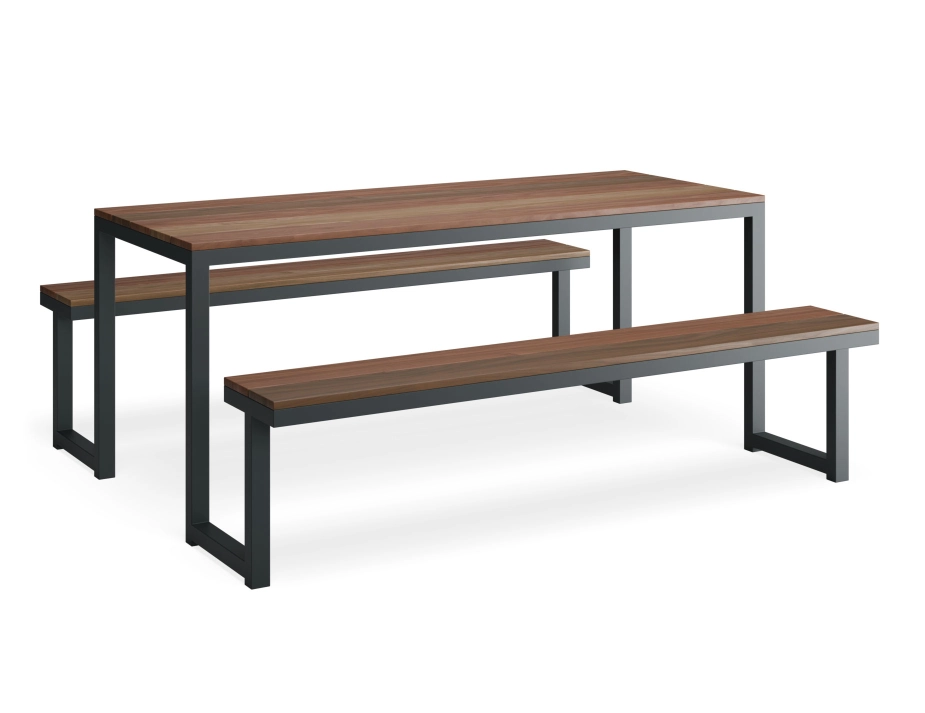 Integral Table and Bench Setting with brown slatted surfaces and a charcoal shared frame, viewed at an angle