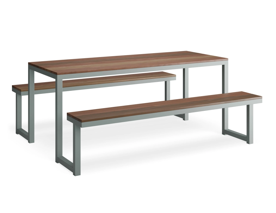 Integral Table and Bench Setting with brown slatted surfaces and a grey shared frame, viewed at an angle
