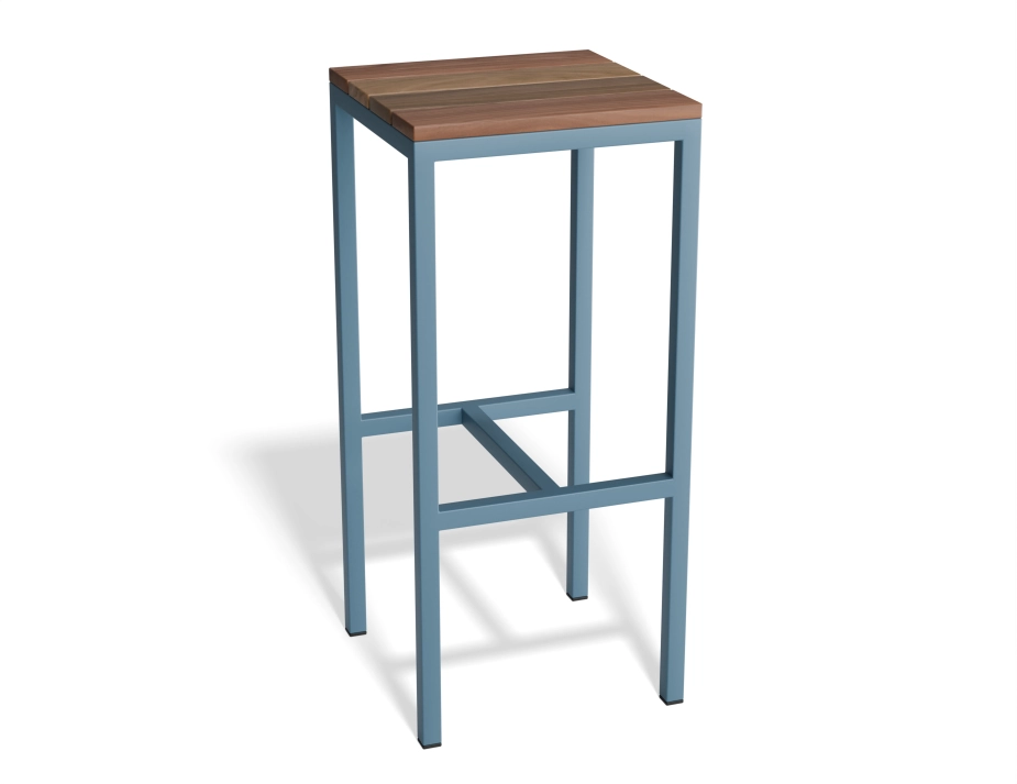 Kyenne Counter Stool with a square brown slatted seat and a blue frame, viewed at an angle