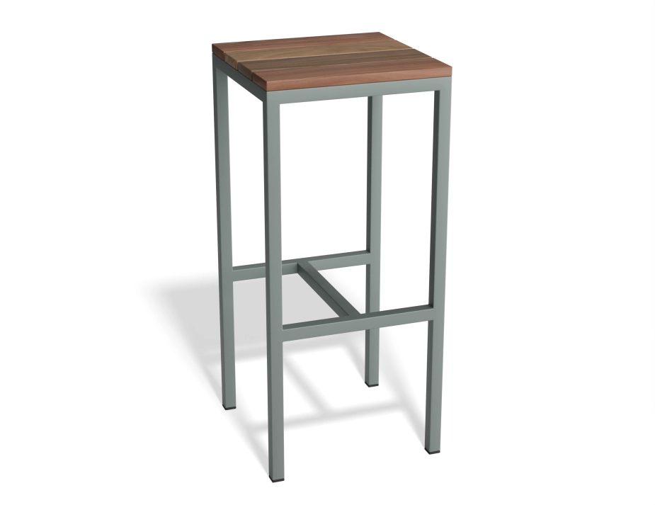 Kyenne Counter Stool with a square brown slatted seat and a grey frame, viewed at an angle