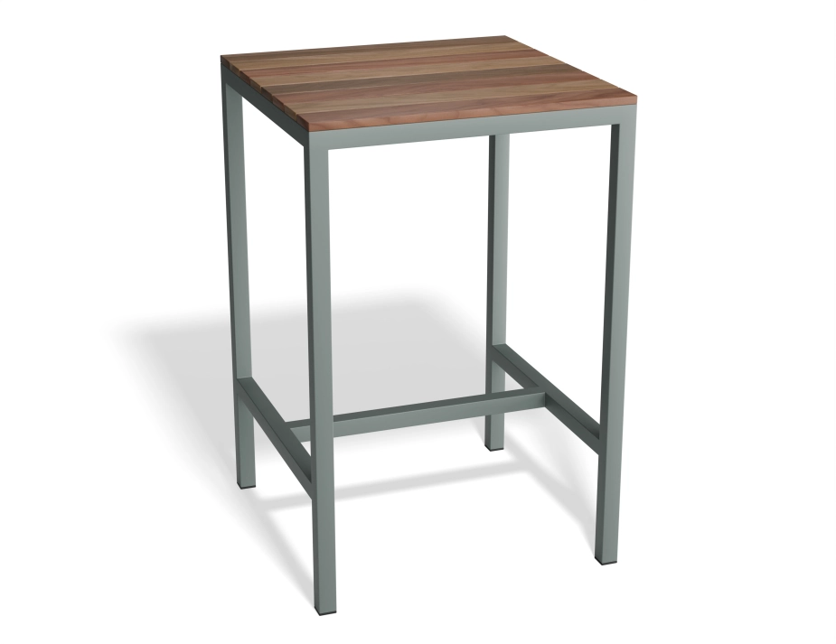 Kyenne High Bar Table with a square brown slatted top and a grey frame, viewed at an angle