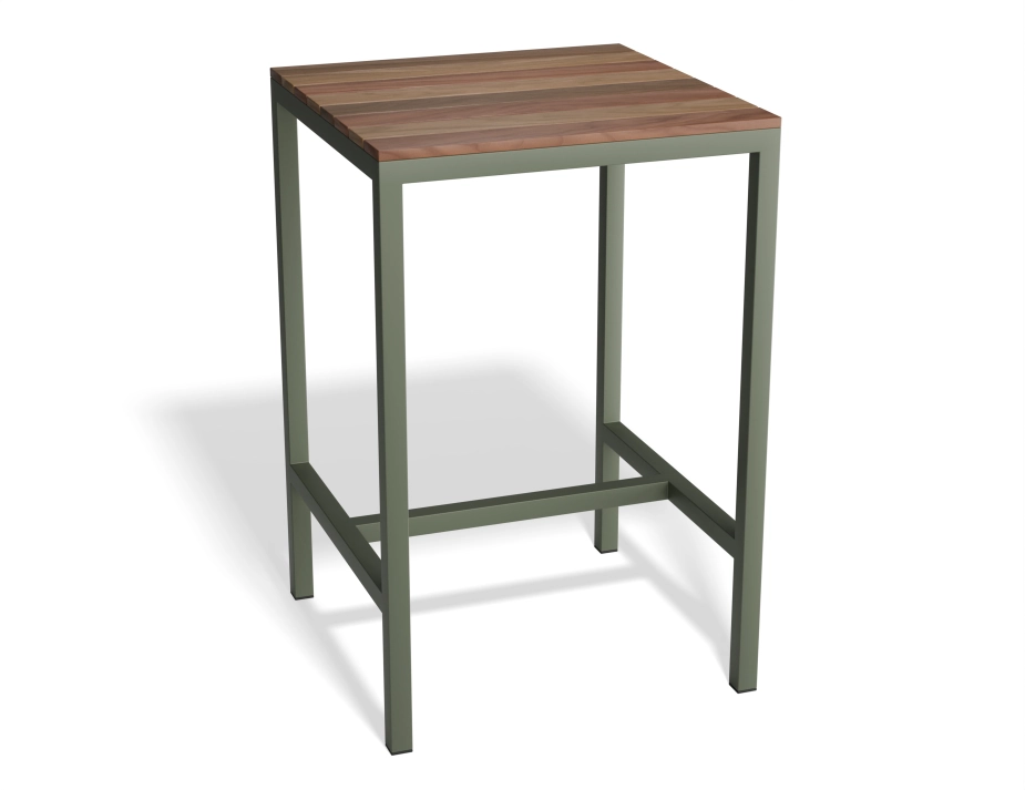 Kyenne High Bar Table with a square brown slatted top and a pale green frame, viewed at an angle
