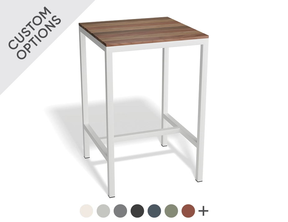 Kyenne High Bar Table with a square brown slatted top, white frame and foot rail, plus custom colour swatches
