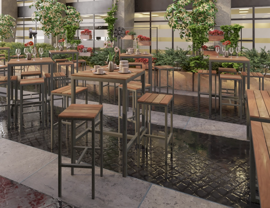 Kyenne High Bar Tables with brown slats and grey frames, surrounded by matching stools in a café courtyard