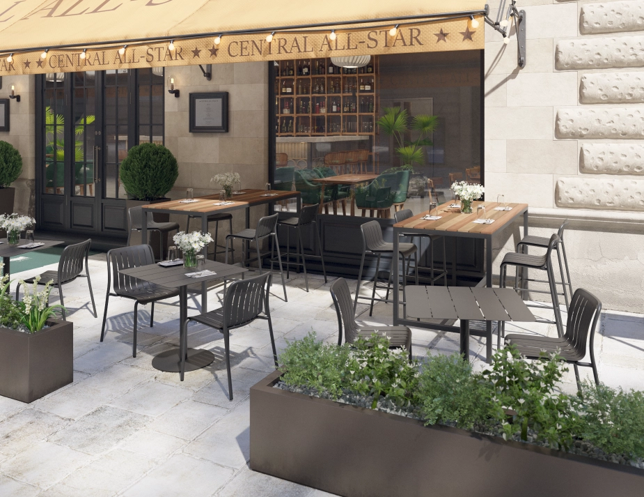 Kyenne High Bar Tables with brown slats and charcoal frames surrounded by stools beneath a restaurant awning