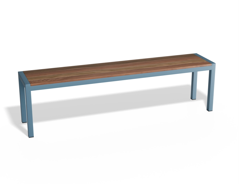 Moonah Bench with brown inset seat slats and a blue frame, viewed at an angle